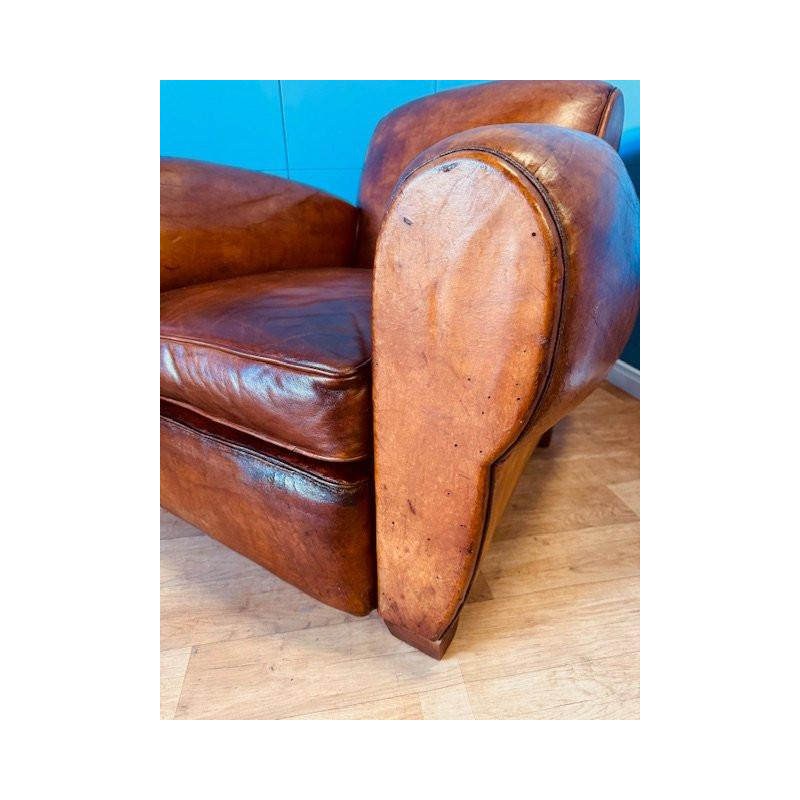 Klassieke Art Deco leren clubfauteuil - Frankrijk circa 1920