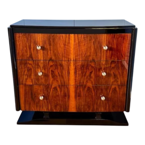Art Deco chest of drawers in burr walnut and black lacquer, circa 1930