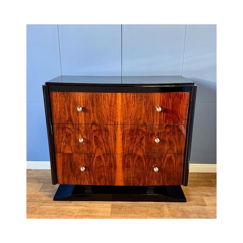 Art Deco chest of drawers in burr walnut and black lacquer, circa 1930