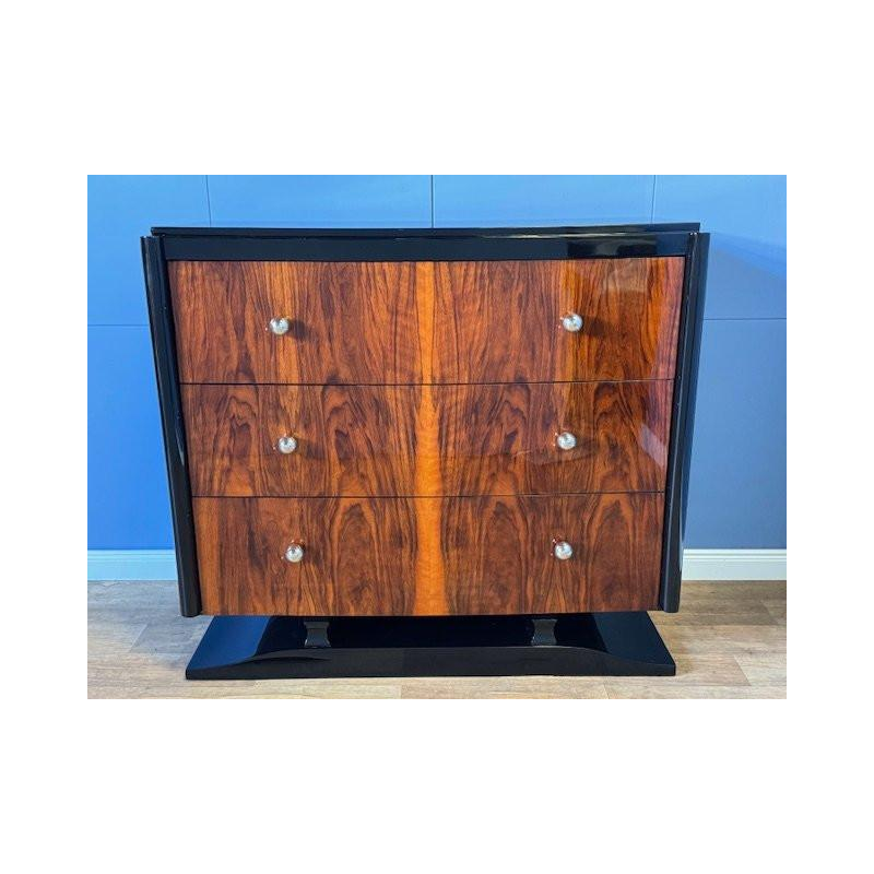 Commode Art Déco en ronce de noyer & laque noire, ca 1930