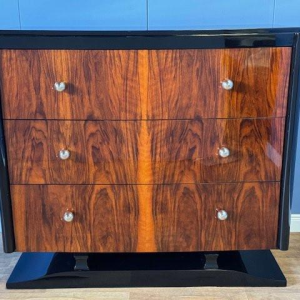 Art Deco chest of drawers in burr walnut and black lacquer, circa 1930