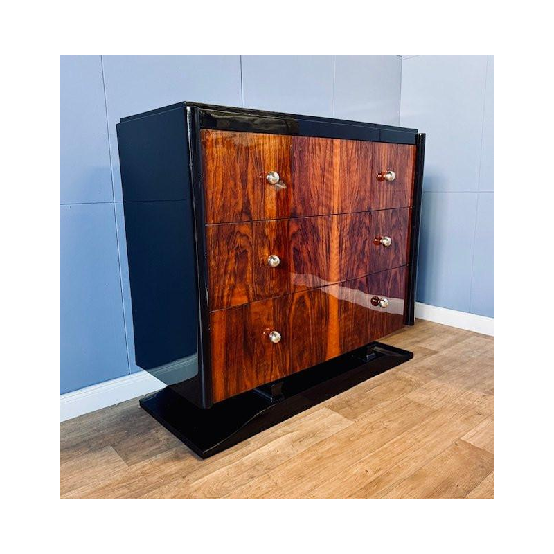 Commode Art Déco en ronce de noyer & laque noire, ca 1930
