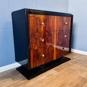 Commode Art Déco en ronce de noyer & laque noire, ca 1930