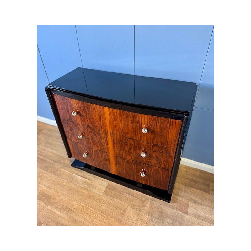 Commode Art Déco en ronce de noyer & laque noire, ca 1930