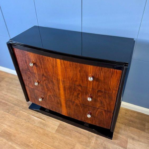 Commode Art Déco en ronce de noyer & laque noire, ca 1930