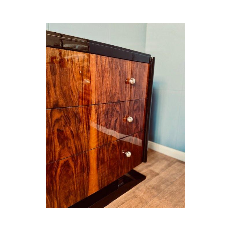 Art Deco chest of drawers in burr walnut and black lacquer, circa 1930