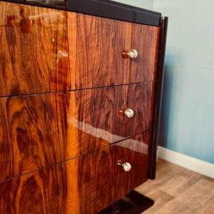 Commode Art Déco en ronce de noyer & laque noire, ca 1930