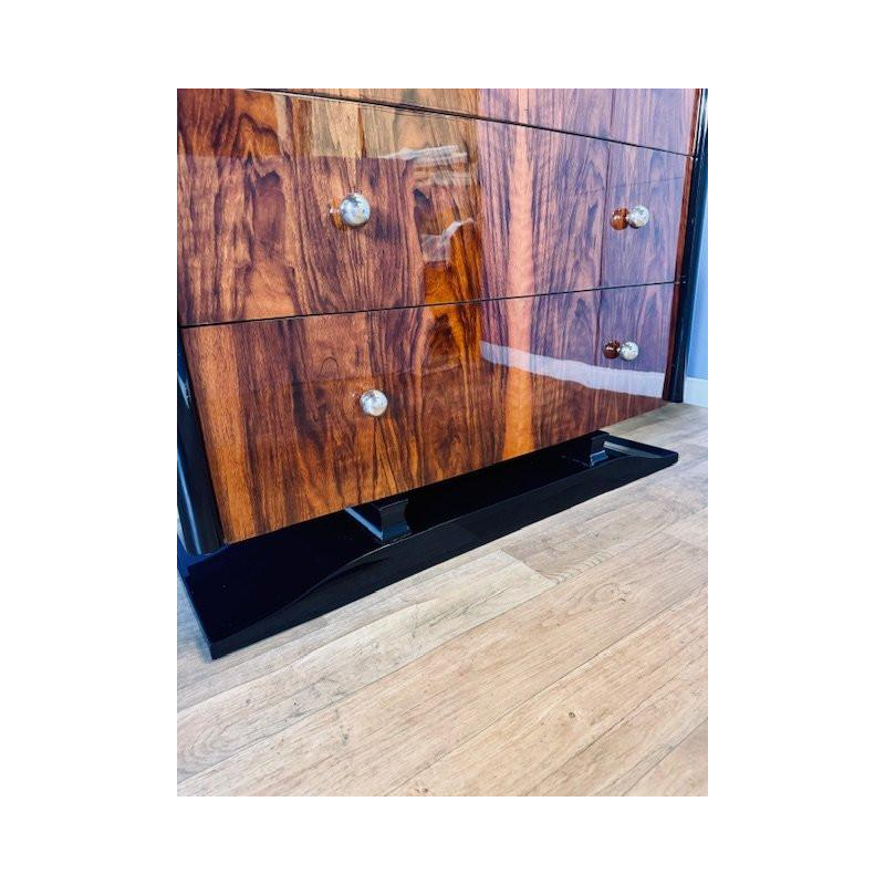 Art Deco chest of drawers in burr walnut and black lacquer, circa 1930