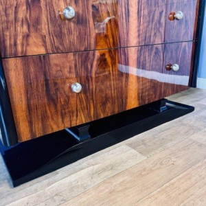 Art Deco chest of drawers in burr walnut and black lacquer, circa 1930