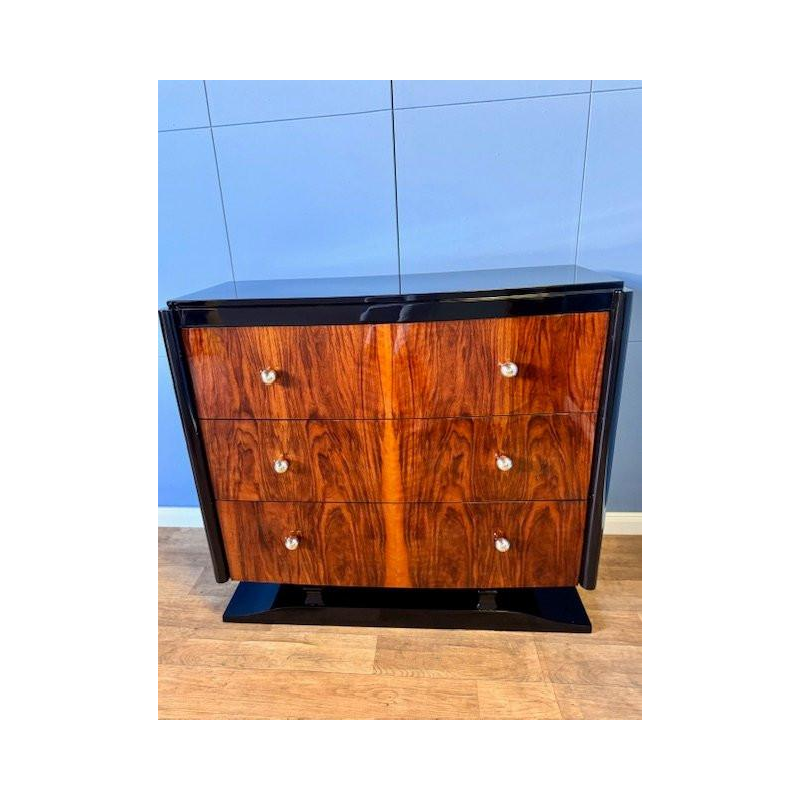 Commode Art Déco en ronce de noyer & laque noire, ca 1930