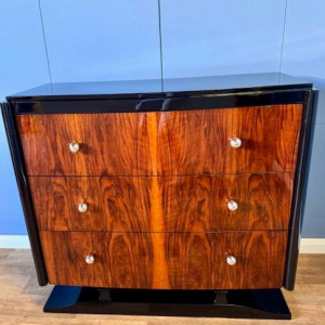 Art Deco chest of drawers in burr walnut and black lacquer, circa 1930