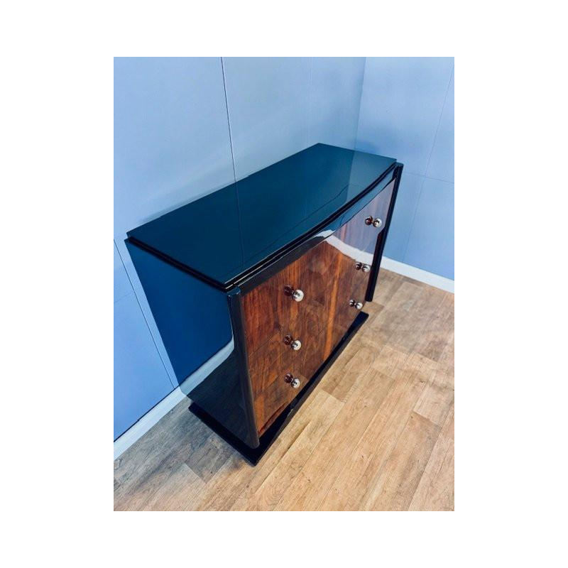 Art Deco chest of drawers in burr walnut and black lacquer, circa 1930