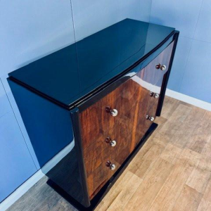 Art Deco chest of drawers in burr walnut and black lacquer, circa 1930