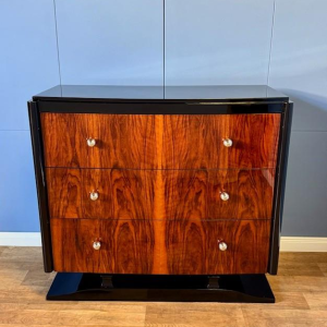 Commode Art Déco en ronce de noyer & laque noire, ca 1930