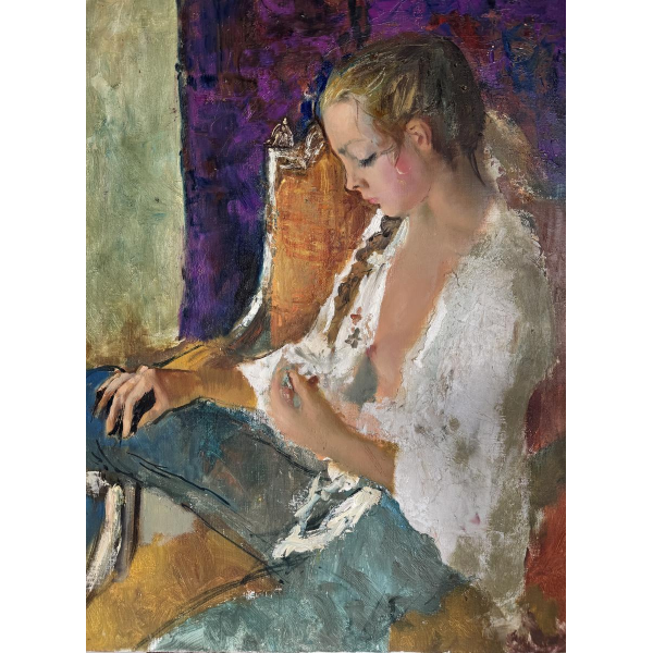 Pierre-Laurent BRENOT «Le fauteuil ocre I» Père de la pin-up à la française, huile sur toile