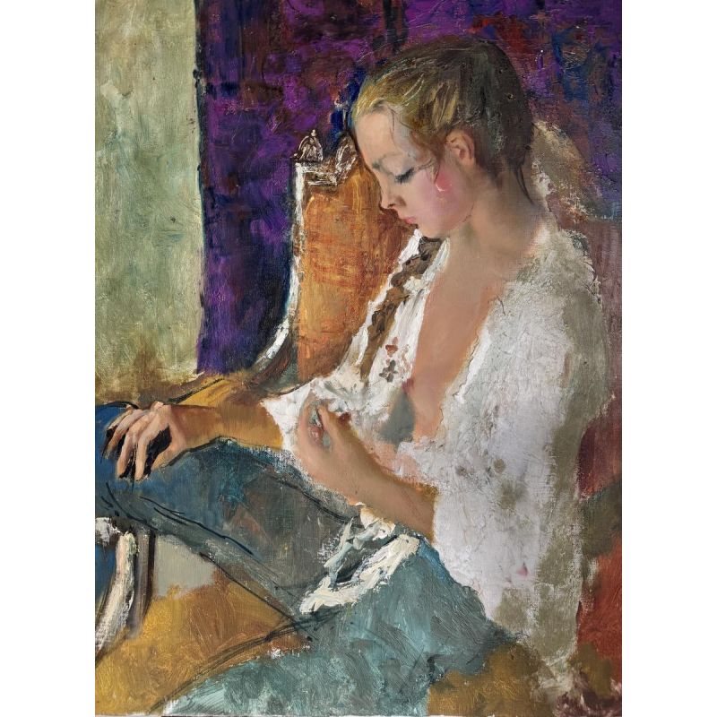 Pierre-Laurent BRENOT «Le fauteuil ocre I» Père de la pin-up à la française, huile sur toile