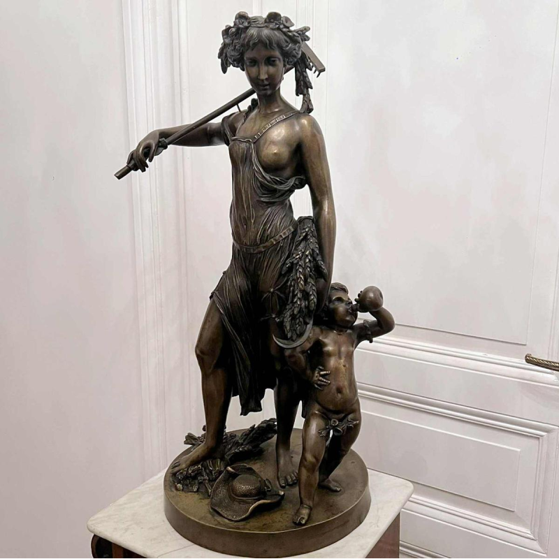 CLODION Claude Michel “Young Woman and Child Bacchus” bronze sculpture