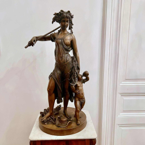 CLODION Claude Michel “Young Woman and Child Bacchus” bronze sculpture