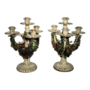 Pair of ceramic 'fiori applicati' candelabra from Bassano, Italy - 1920/1940