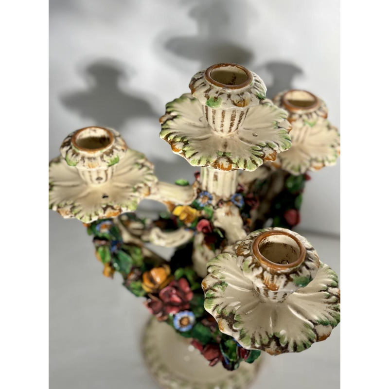 Paire de candélabres en céramique 'fiori applicati' de Bassano, Italie - 1920/1940