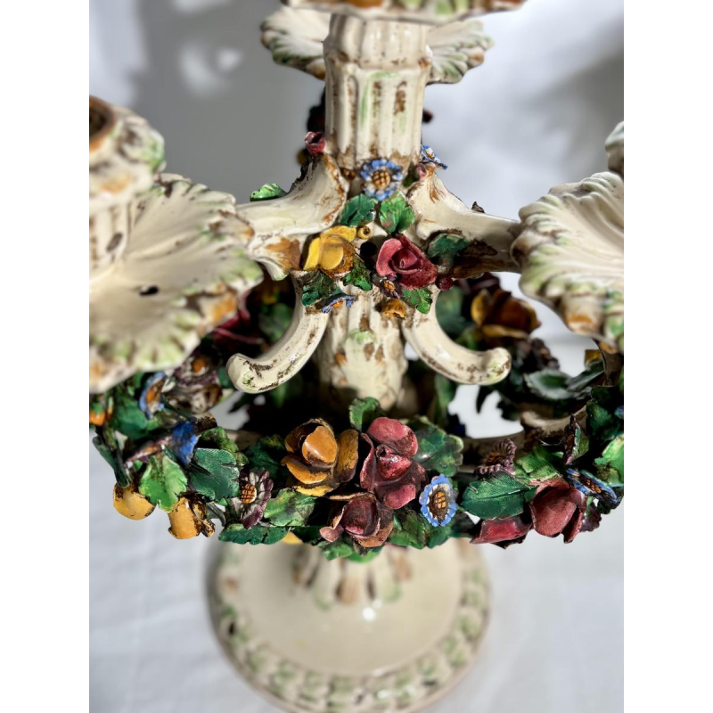 Paire de candélabres en céramique 'fiori applicati' de Bassano, Italie - 1920/1940