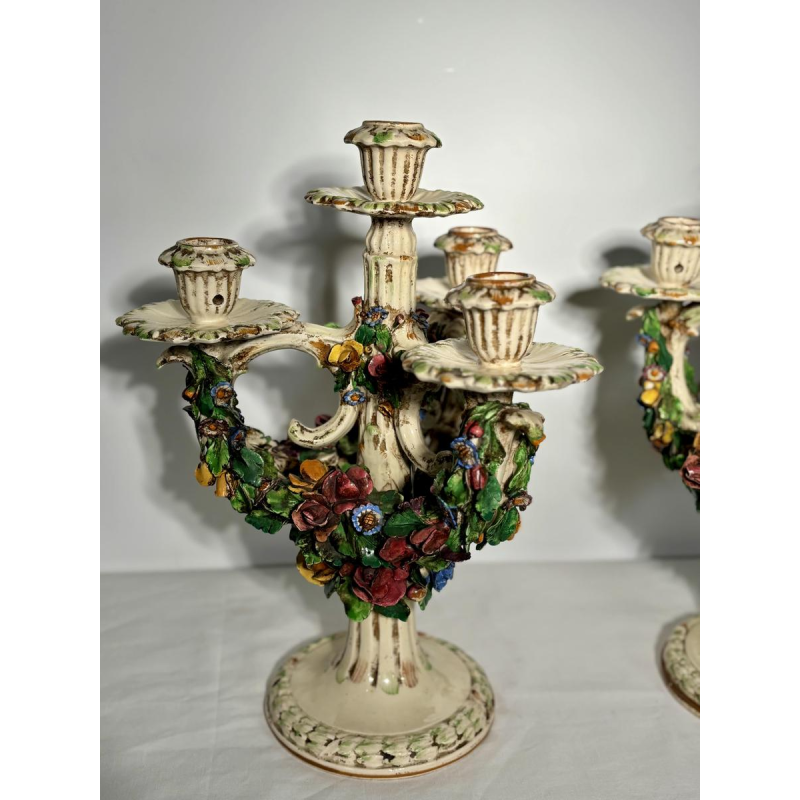 Pair of ceramic 'fiori applicati' candelabra from Bassano, Italy - 1920/1940