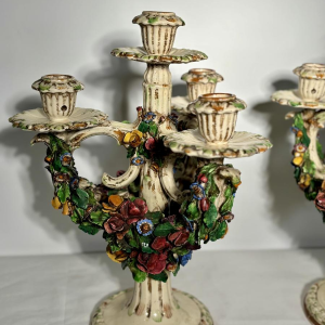 Pair of ceramic 'fiori applicati' candelabra from Bassano, Italy - 1920/1940