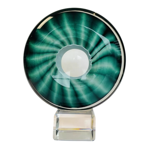 Alfred Collard, sculpture "Disque" de cristal clair, triplé de blanc et de vert