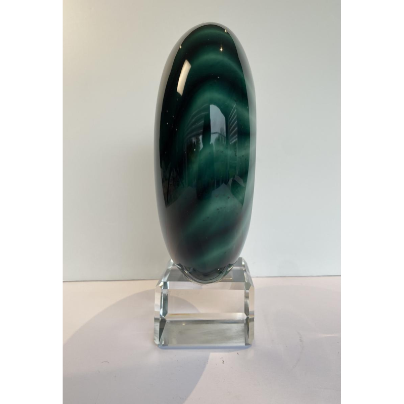 Alfred Collard, sculptuur "Disc" in helder kristal, drievoudig uitgevoerd in wit en groen