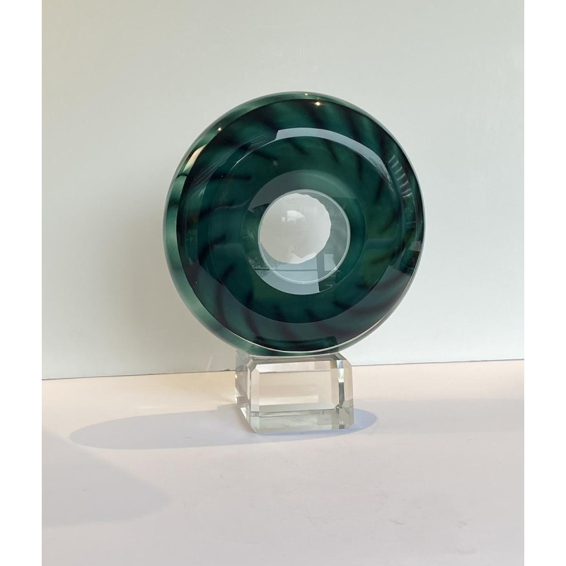 Alfred Collard, sculpture "Disque" de cristal clair, triplé de blanc et de vert