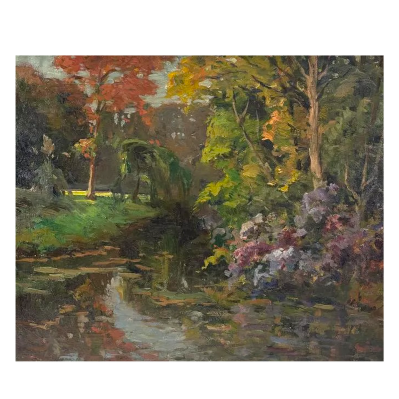 Ecole XXe siècle, impressionnisme tardif, paysage au bord de l'eau, signée et datée 1910