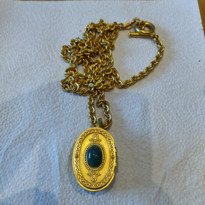 Karl Lagerfeld, necklace & pendant, gold-plated medallion with green cabochon, red enamel interior