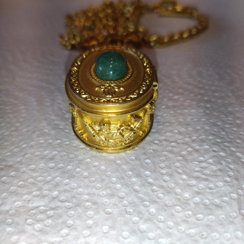 Karl Lagerfeld, necklace & pendant, gold-plated medallion with green cabochon, red enamel interior