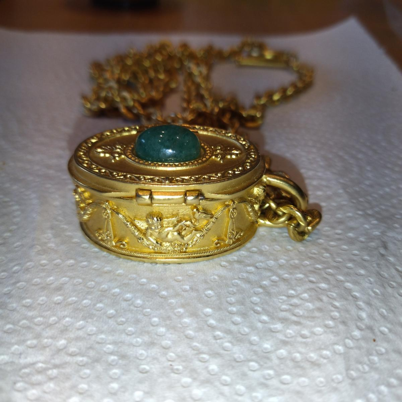 Karl Lagerfeld, necklace & pendant, gold-plated medallion with green cabochon, red enamel interior