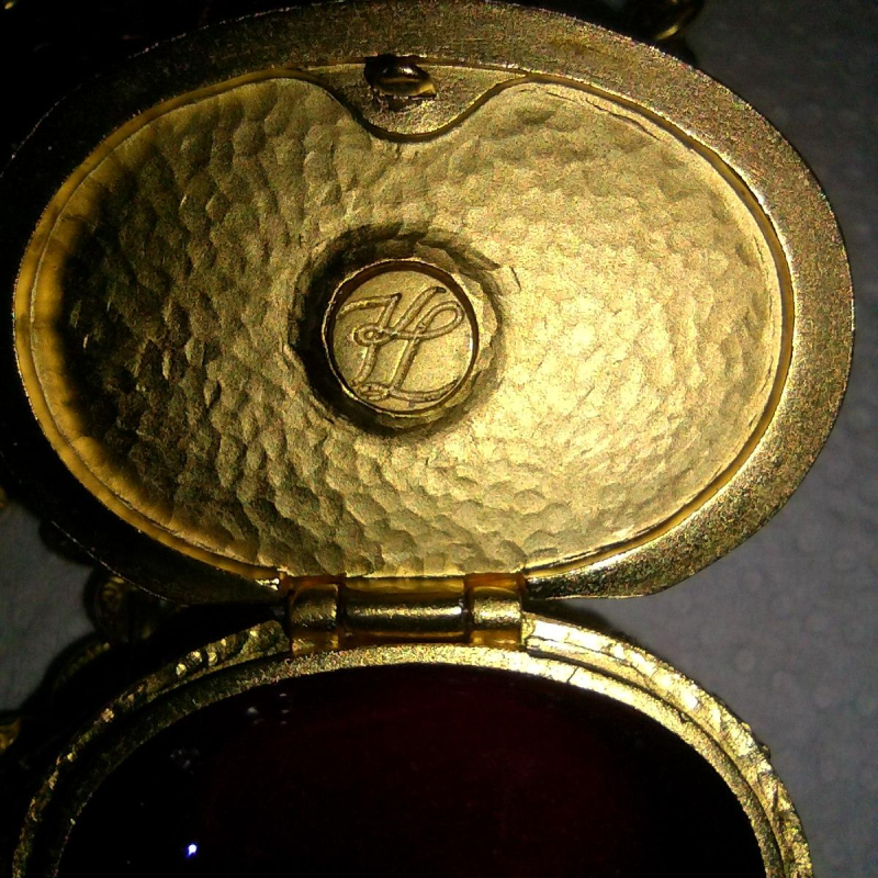 Karl Lagerfeld, necklace & pendant, gold-plated medallion with green cabochon, red enamel interior