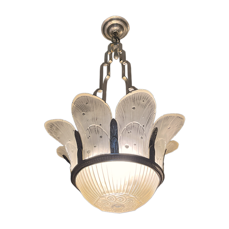 HETTIER & VINCENT (attr) Art Deco chandelier Sandblasted pressed glass, ca 1930