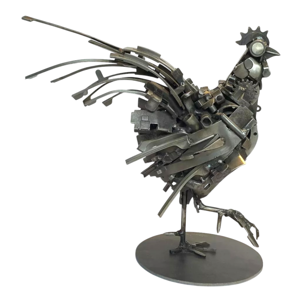 Jacques Dufrane "Rooster" sculpture, metal assemblage
