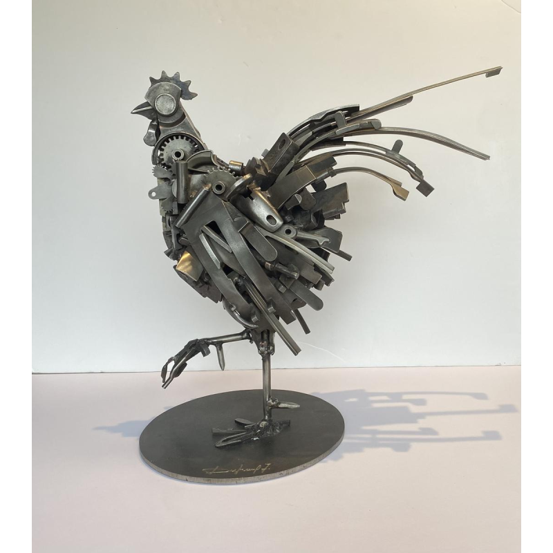 Jacques Dufrane"Coq"sculpture assemblage métallique