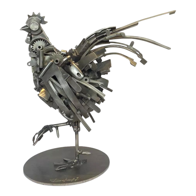 Jacques Dufrane "Rooster" sculpture, metal assemblage