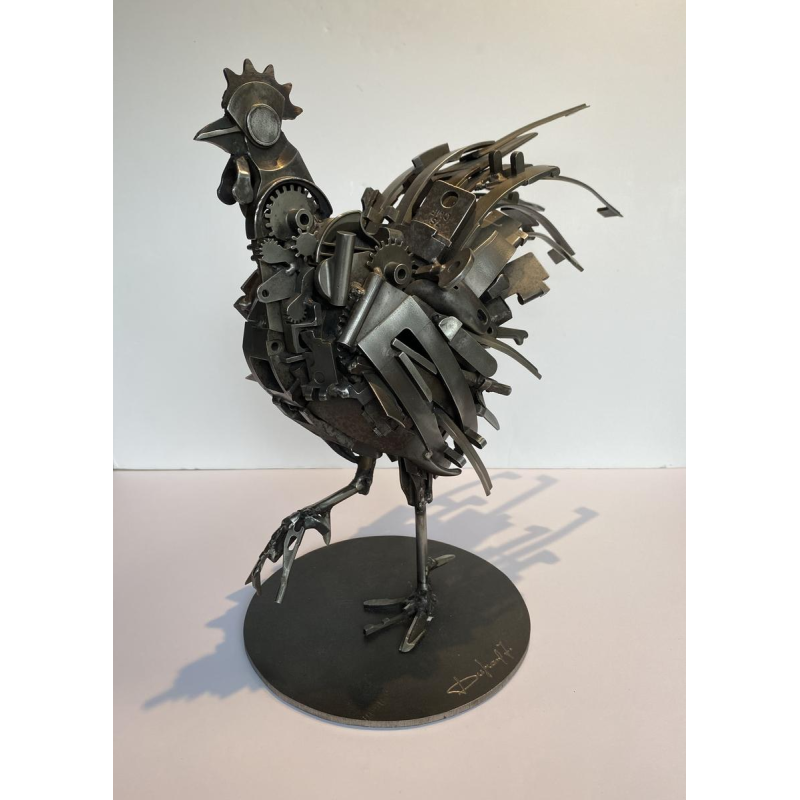 Jacques Dufrane "Rooster" sculpture, metal assemblage