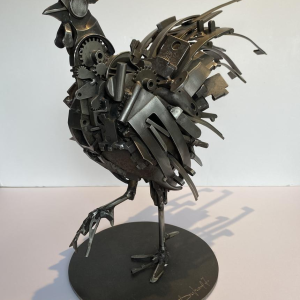 Jacques Dufrane "Rooster" sculpture, metal assemblage