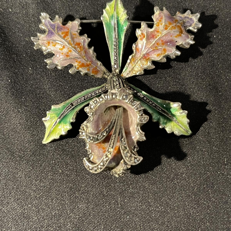 Solid silver enamelled Orchid or Iris flower brooch, mid 20th century