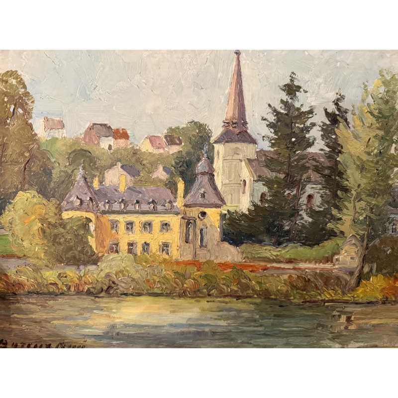René BOREUX «Namêche - Le château, l’Eglise et la Meuse» peinture huile sur panneau