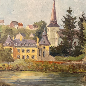 René BOREUX “Namêche - Het kasteel, de kerk en de Maas” olieverfschilderij op paneel
