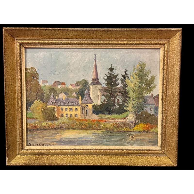 René BOREUX “Namêche - The Castle, the Church and the Meuse” oil painting on panel