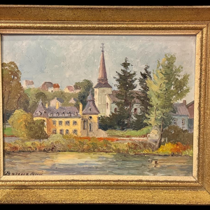 René BOREUX «Namêche - Le château, l’Eglise et la Meuse» peinture huile sur panneau