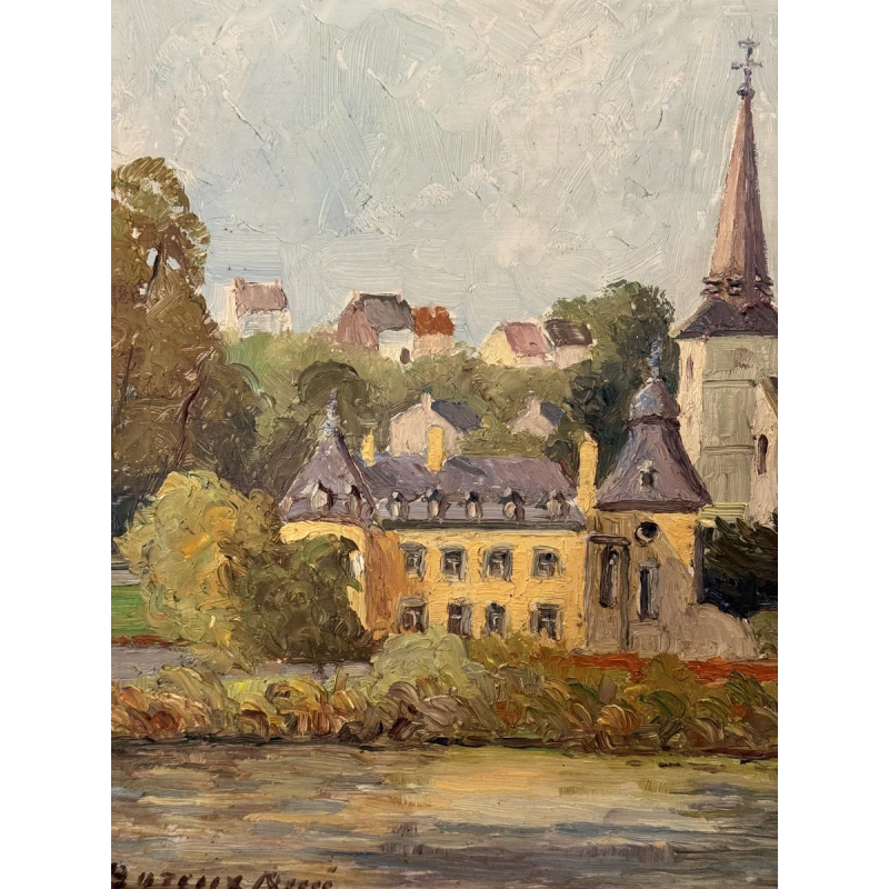 René BOREUX “Namêche - Het kasteel, de kerk en de Maas” olieverfschilderij op paneel