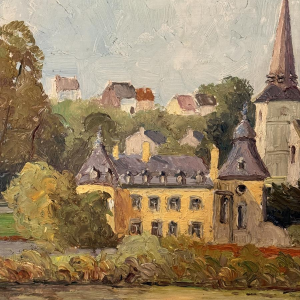 René BOREUX «Namêche - Le château, l’Eglise et la Meuse» peinture huile sur panneau