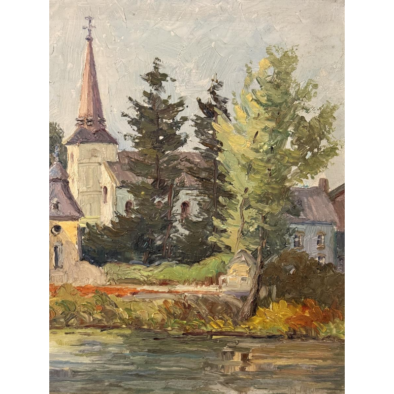 René BOREUX “Namêche - The Castle, the Church and the Meuse” oil painting on panel