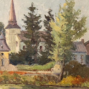 René BOREUX «Namêche - Le château, l’Eglise et la Meuse» peinture huile sur panneau